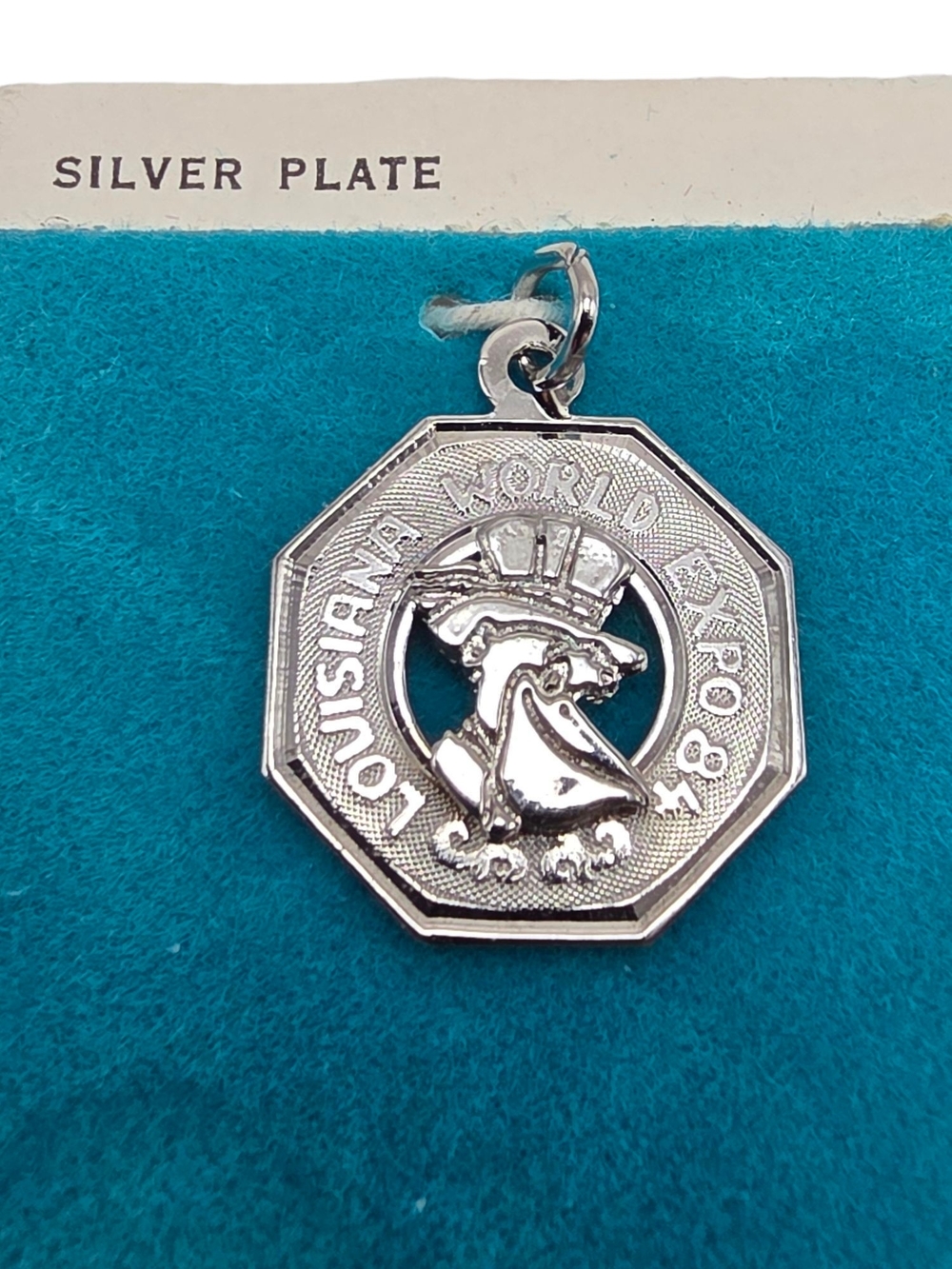 Vintage CREA Louisiana World Expo Heart 84' Silver Plated Charm Pendant Pelican